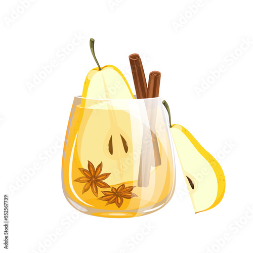 Winter pear cocktail with spices. Mulled wine with pear, cider, grog, tea.New Year's holiday punch.Autumn or winter drink with pear and cinnamon, anise.