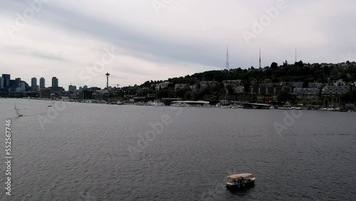 Seattle Lake Union Aurora Bridge Gasworks Sunset. Aerial Gasworks Park and Seattle Skyline
 photo