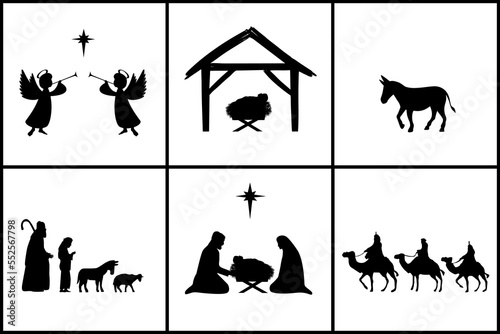 Nativity christian christmas holiday set in silhouettes. Jesus in manger, Mary, Joseph, angels, wisemen, shepherds and Bethlehem star. Vector illustration