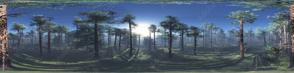 Forest in the morning in a fog in the sun, trees in a haze of light, glowing fog among the trees, 3D rendering Forest in the morning in a fog in the sun, trees in a haze of light, glowing fog among the trees, 3D rendering