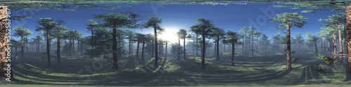 Forest in the morning in a fog in the sun  trees in a haze of light  glowing fog among the trees  3D rendering