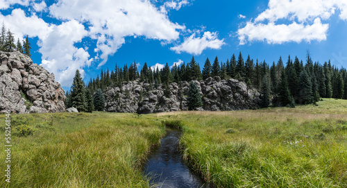 Panorama of stream through canyon bottom of lush, grassy  meadow at Valles Caldera National Preserve, New Mexico
