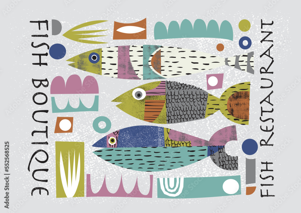 Fish. Decorative forms, collage, textures. Restaurant business. Fish boutique, fish restaurant, menu