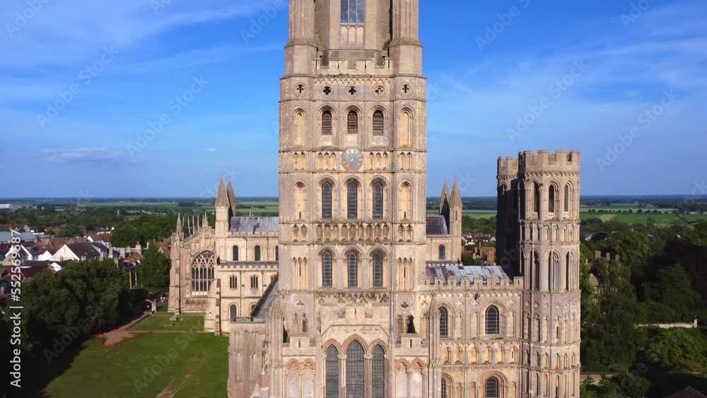 Aerial View of Ely Cathedral tower and surrounding countryside. Ely, Cambridgeshire, UK.