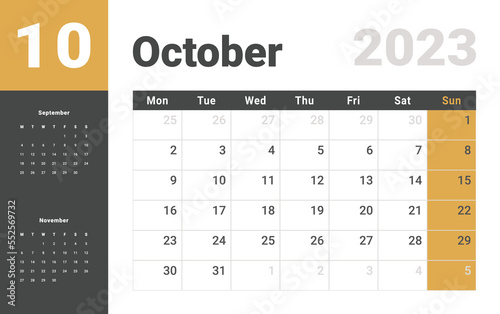 Monthly Calendar Template of october 2023. Vector layout simple calendar with week start monday.