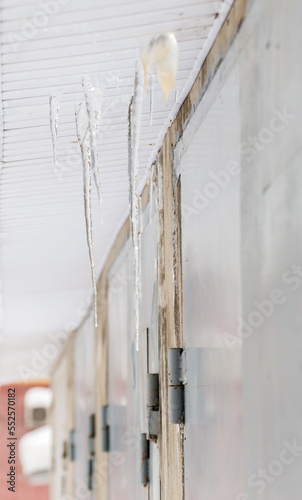 Icy, small icicles hang through cracks, spring or winter. Modern plastic cornice. Large cascades of icicles hang in disarray. Cloudy winter day, soft light.