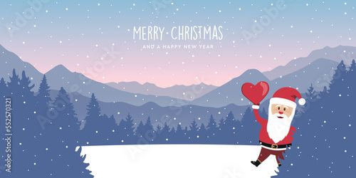 cute santa on snowy mountain and forest winter landscape christmas greetig card