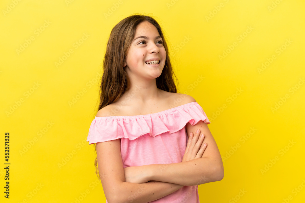 Little caucasian girl isolated on yellow background happy and smiling Little caucasian girl isolated on yellow background happy and smiling