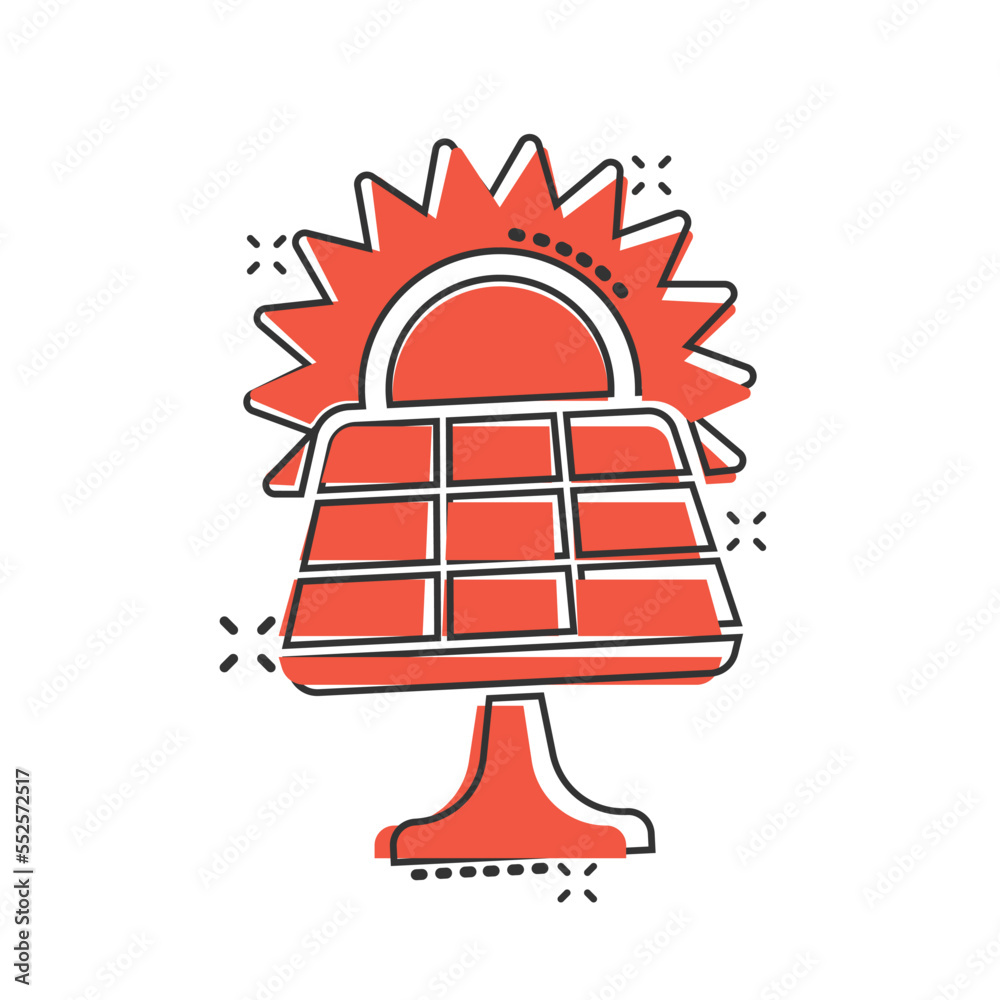 Solar panel icon in comic style. Ecology energy cartoon vector illustration on white isolated background. Electrician splash effect sign business concept. Solar panel icon in comic style. Ecology energy cartoon vector illustration on white isolated background. Electrician splash effect sign business concept.