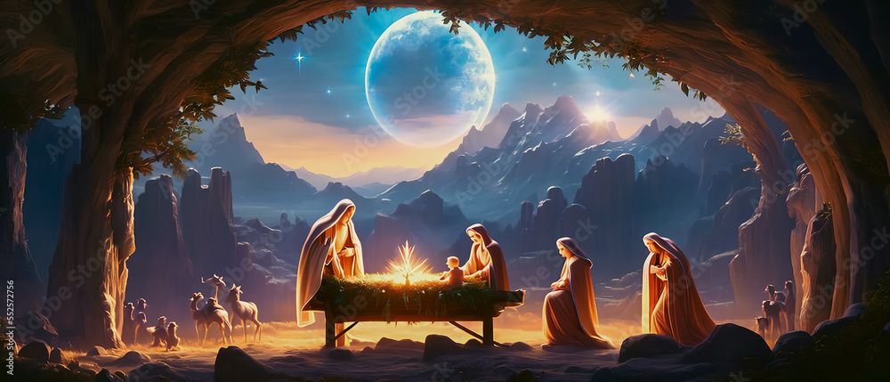 Christmas nativity scene of born child baby Jesus Christ in the manger