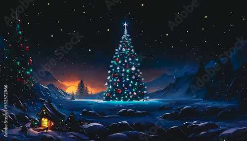 Christmas tree in the night, Abstract painting.