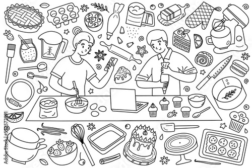 Home baking hand drawn collection, people cooking internet recipes, doodle icons of kitchen utensils, watching food blog tutorials, vector illustrations of whisk, mixer, cake, isolated outline clipart
