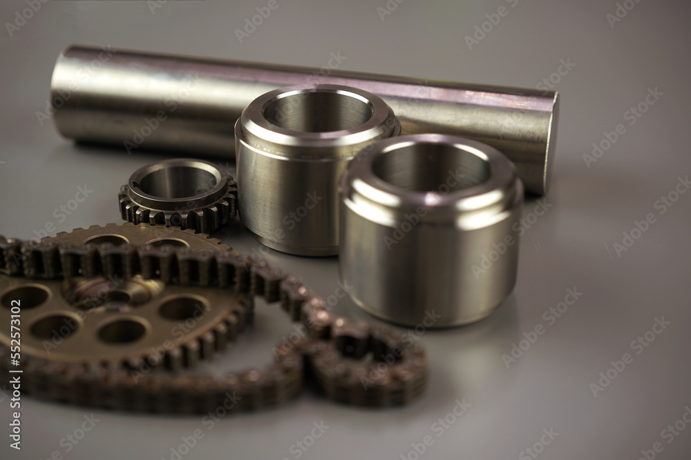 Metal parts in production. Turning bushes, bar, sleeve, gear