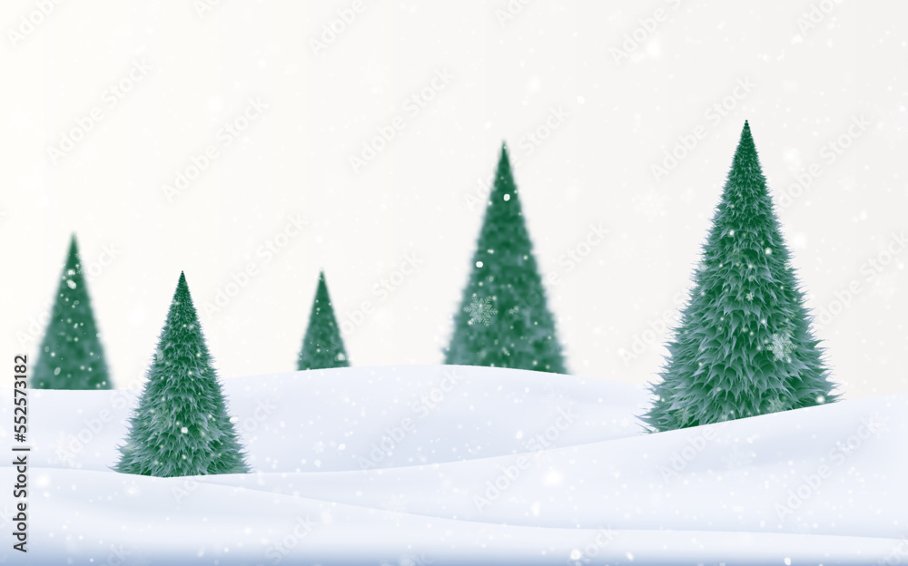 Christmas Landscape with Snow and Christmas Trees. Winter Background.