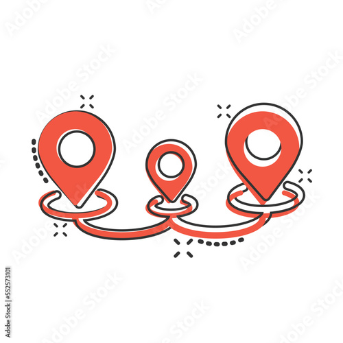 Map pin icon in comic style. GPS navigation cartoon vector illustration on white isolated background. Locate position splash effect business concept.