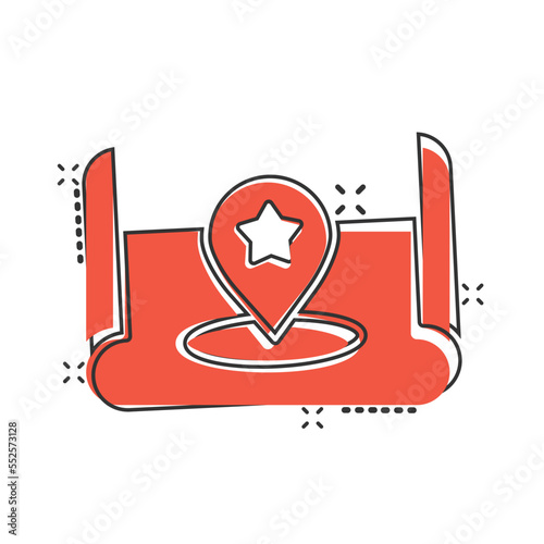 Map pin icon in comic style. gps navigation cartoon vector illustration on white isolated background. Locate position splash effect business concept.
