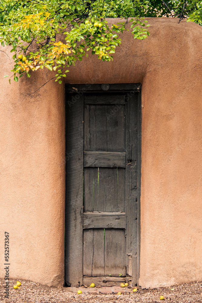 Naklejka premium Rustic wood door and adobe wall under pear tree in Santa Fe, New Mexico