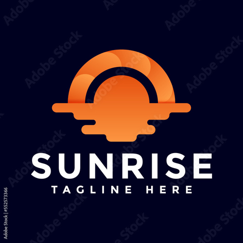 Sunny day, abstract sun logo template on blue background