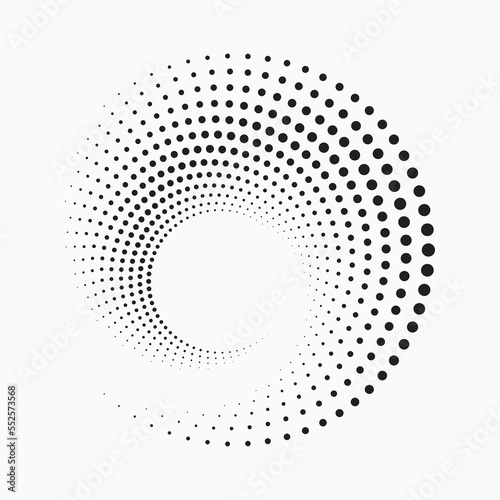 Halftone abstract spiral background. Dotted abstract concentric circle backdrop. Spiral, swirl, twirl halftone design element for various purposes.