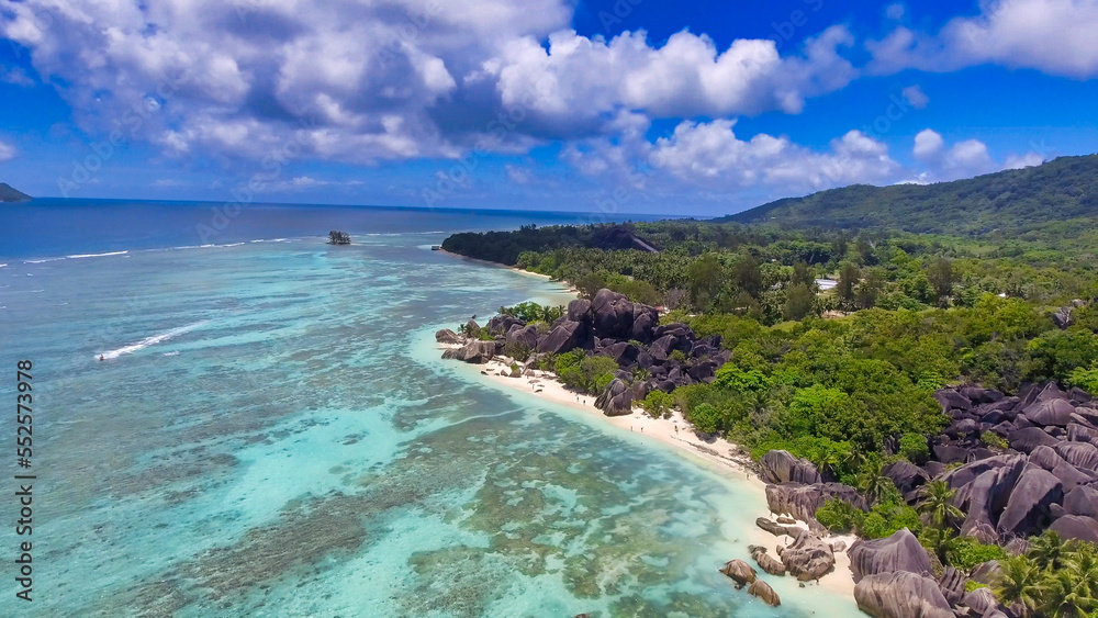 Aerial view from a drone of La Digue Anse Source Argent Beach - Seychelles