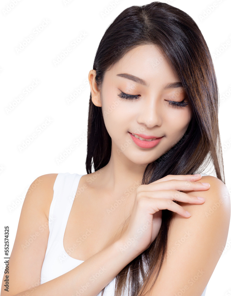 Portrait of beautiful brunette woman makeup of cosmetic, girl hand touch shoulder and smile attractive, face of beauty perfect with wellness with skin healthcare concept. Portrait of beautiful brunette woman makeup of cosmetic, girl hand touch shoulder and smile attractive, face of beauty perfect with wellness with skin healthcare concept.