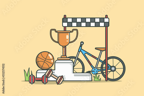 Sport competition concept in flat line design. Sports equipment color outline scene. Objects composition with ball, dumbbells, bicycle, racing gate, win pedestal. Illustration with web icon