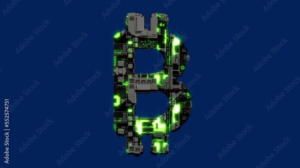 bitcoin sign, dark steel cyber punk dichroic alphabet, isolated - loop video
