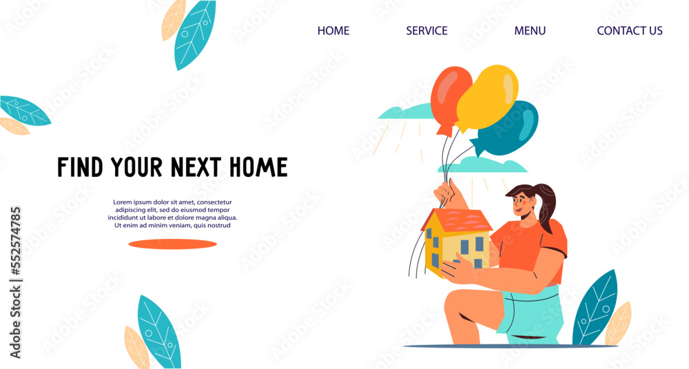 Real estate agency website banner interface design, flat vector illustration. House moving, buying and rental. Bank mortgage program promo webpage.