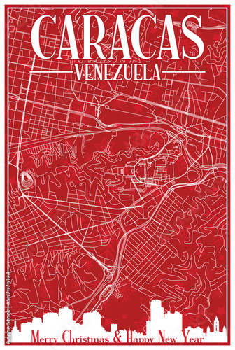 Red vintage hand-drawn Christmas postcard of the downtown CARACAS  VENEZUELA with highlighted city skyline and lettering