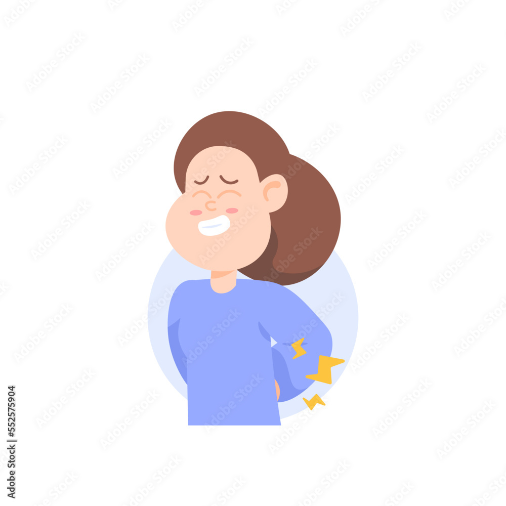 illustration of a woman holding her lower back or waist. suffer from back pain, kidney failure, muscle pain, rheumatism. physical health problems. character illustration design. graphic elements illustration of a woman holding her lower back or waist. suffer from back pain, kidney failure, muscle pain, rheumatism. physical health problems. character illustration design. graphic elements