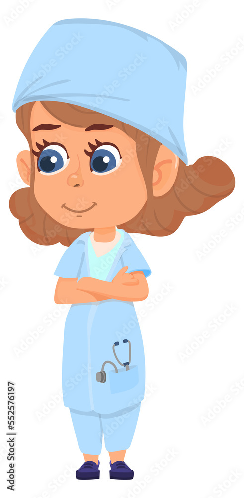 Girl in medical uniform. Doctor or nurse profession. Cartoon character Girl in medical uniform. Doctor or nurse profession. Cartoon character