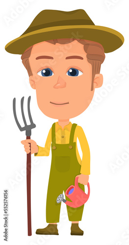 Farmer boy with pitchfork. Cute village kid character