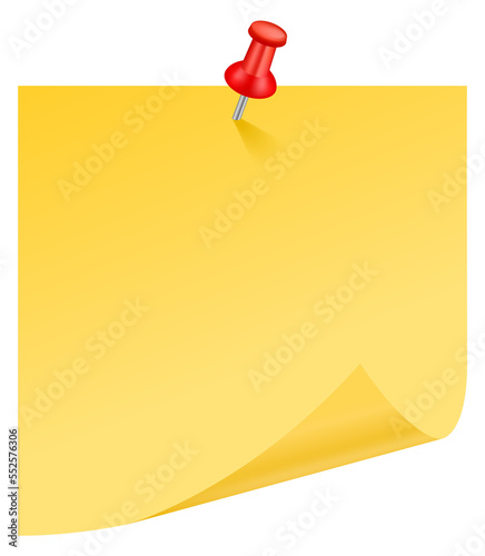 Canvastavla Curled paper note fixed with push pin. Yellow sticker mockup