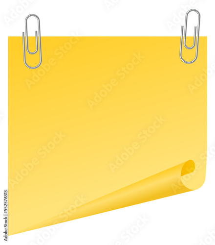 Curled corner sticky note fastened with metal paper clips