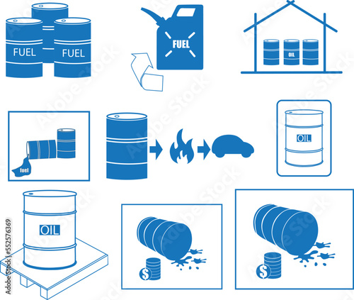 Barrels of fuel icon set, fuel tank icon set blue vector