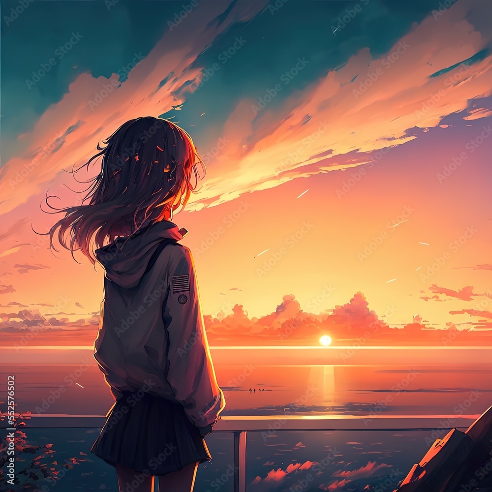 Anime girl watching the sunset. 3d illustration Generative AI Stock  Illustration | Adobe Stock