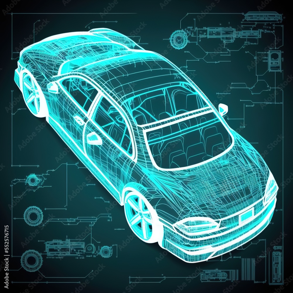 Futuristic automotive technology. Car schematic or car blueprint.Top view sedan car in outline