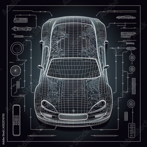 Futuristic automotive technology. Car schematic or car blueprint.Top view sedan car in outline. Generative AI..