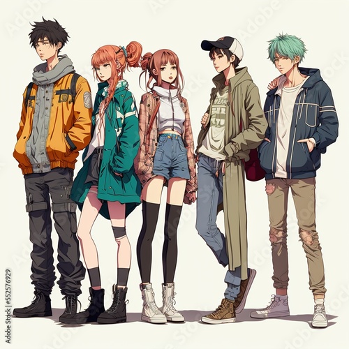 Group of young people in anime style, manga girls and boys Generative AI.. photo