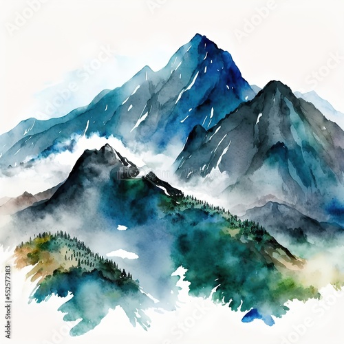 Watercolor illustration of a mountainous area in oriental style. Wallpaper design, prints and invitations, postcards. 3d illustration Generative AI 