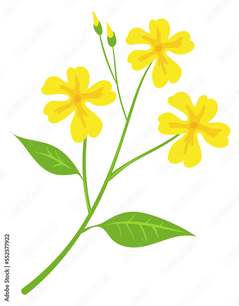 Fototapeta premium Yellow flowers on green branch. Cartoon floral icon