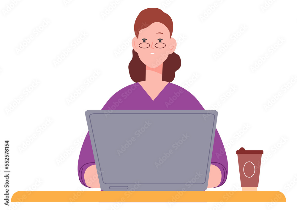 Woman with laptop. Freelancer working in cafe. Remote workplace