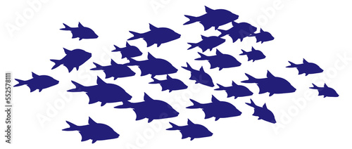 Canvas Print Swimming fish shoal. Blue animal silhouettes underwater