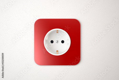 Red power socket on white wall. 3D Rendering