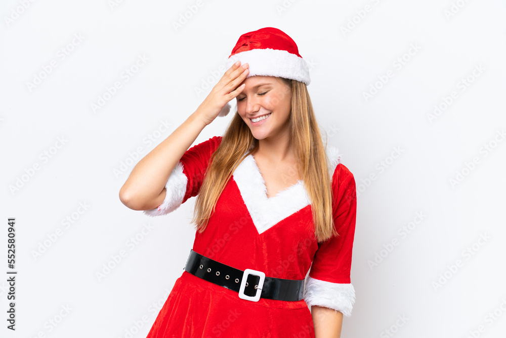 Young caucasian woman dressed as mama noel isolated on white background has realized something and intending the solution Young caucasian woman dressed as mama noel isolated on white background has realized something and intending the solution