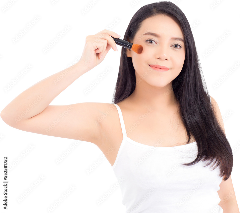 Beauty asian woman applying make up with brush of cheek, beautiful of girl holding blusher, skincare and cosmetic concept. Beauty asian woman applying make up with brush of cheek, beautiful of girl holding blusher, skincare and cosmetic concept.
