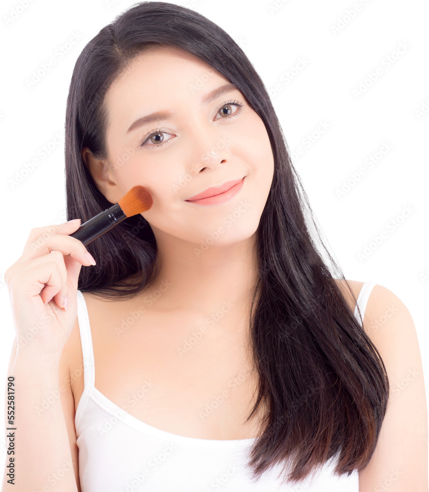 Beauty asian woman applying make up with brush of cheek, beautiful of girl holding blusher, skincare and cosmetic concept. Beauty asian woman applying make up with brush of cheek, beautiful of girl holding blusher, skincare and cosmetic concept.