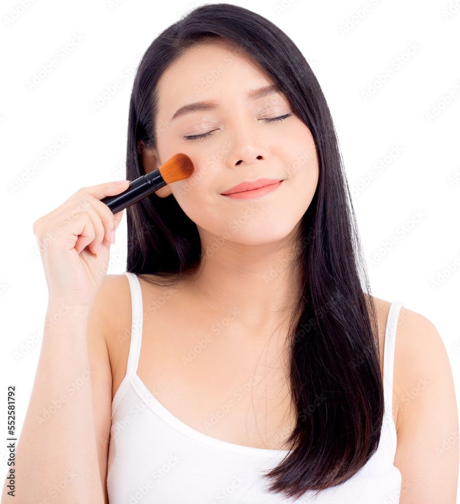 Beauty asian woman applying make up with brush of cheek, beautiful of girl holding blusher, skincare and cosmetic concept. Beauty asian woman applying make up with brush of cheek, beautiful of girl holding blusher, skincare and cosmetic concept.