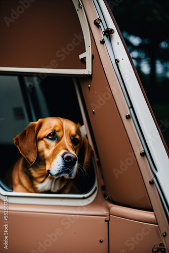  Close-up Of Dog Looking Throw Window In Camper Auto , soft diffused light - AI Generated © Fernando