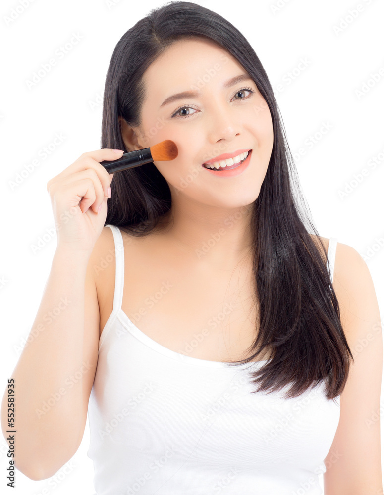 Beauty asian woman applying make up with brush of cheek, beautiful of girl holding blusher, skincare and cosmetic concept. Beauty asian woman applying make up with brush of cheek, beautiful of girl holding blusher, skincare and cosmetic concept.